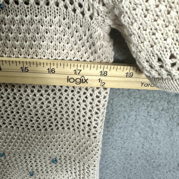 Christopher Banks Cardigan Sweater Women Medium Beige Open Knit Hand Embroidery - Picture 5 of 7